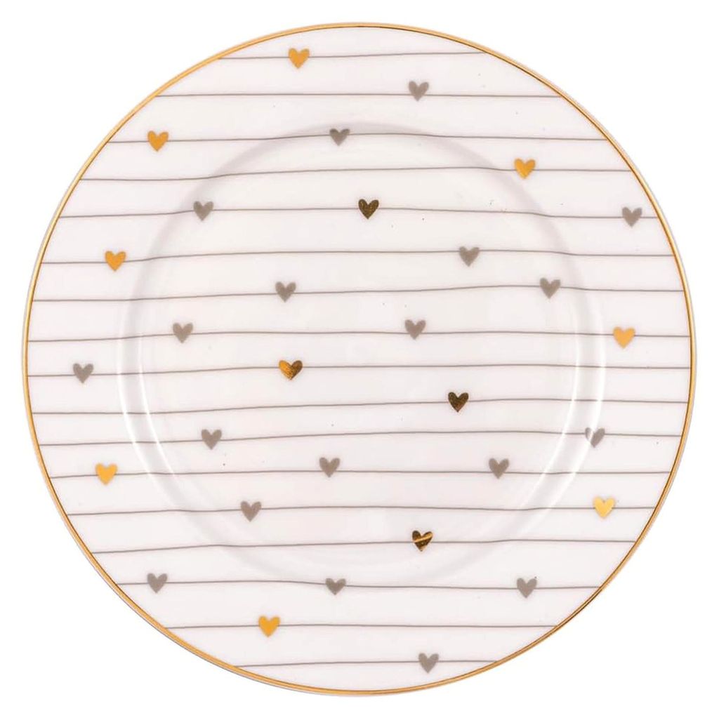 Teller KLEIN Grace Weiß mit Herzen in Grau und Gold 15cm Dessertteller