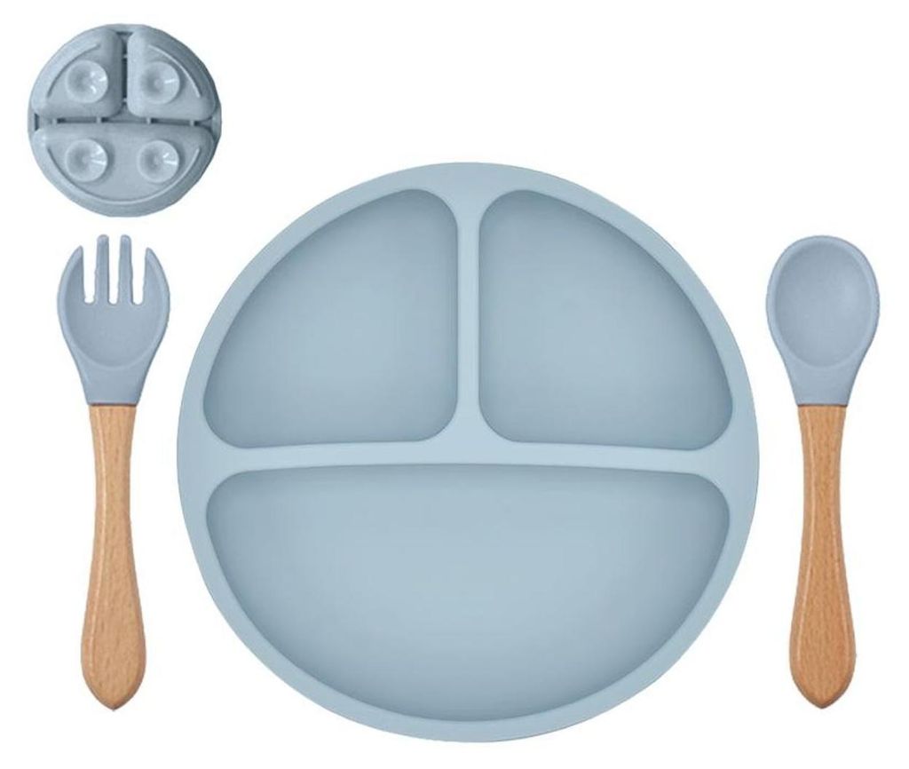 Babyteller Kinderteller mit Saugnapf Teller mit Löffel Gabel Silikon BPA Frei, Farbe:Blau