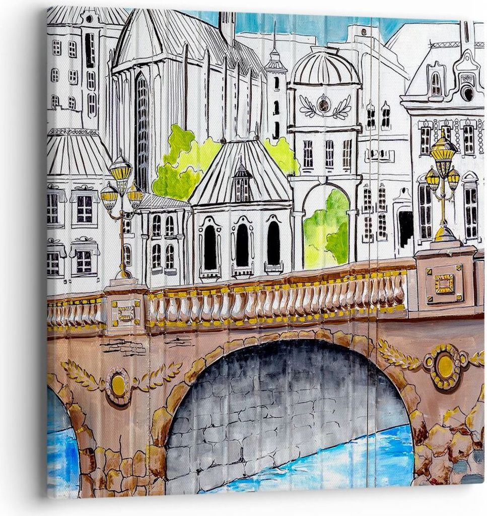 Bild auf Leinwand - Leinwandbild - Frankreich brücke zeichnung - 40x40cm - Wand Bild - Wanddeko - Leinwanddruck - Bilder - Kunstdruck - Wanddekora...