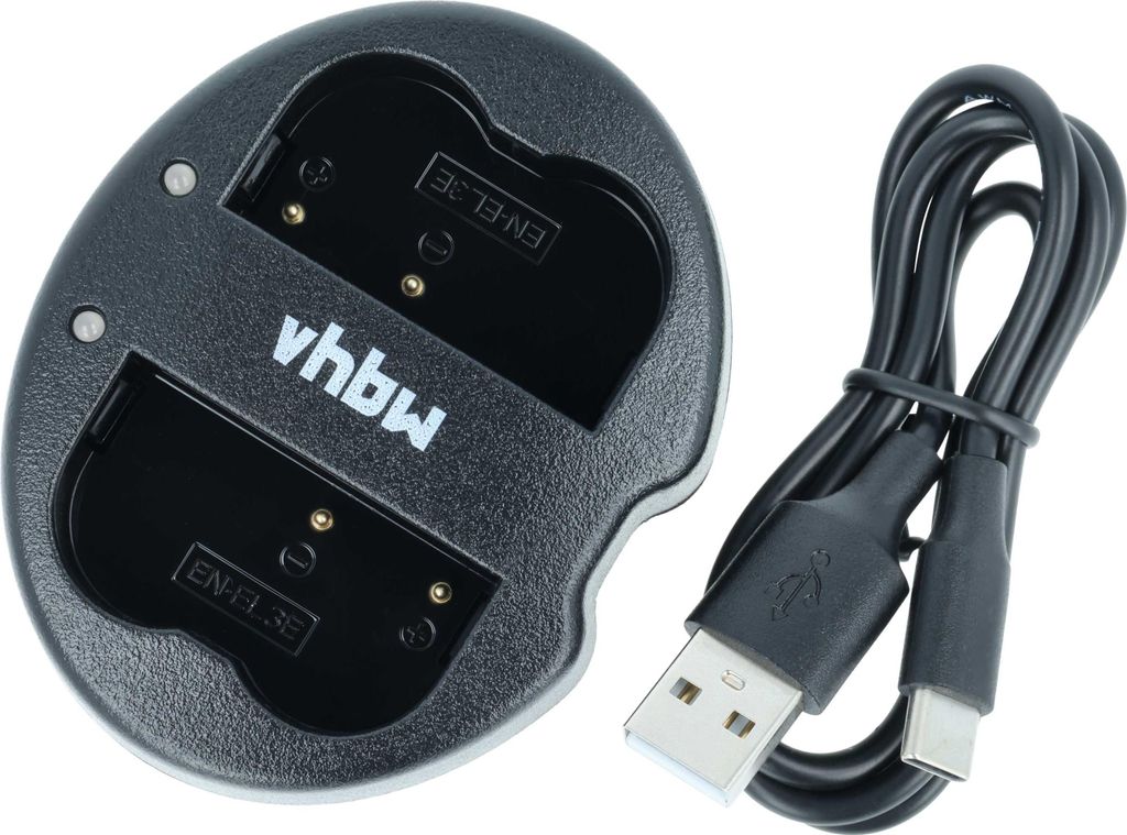 vhbw Dual USB-C Ladegerät kompatibel mit Nikon D300, D200, D300s, D700, D70, D50, D100, D70s, D90, D80 Kamera - Ladeschale + USB-C Kabel Ladeanzeige