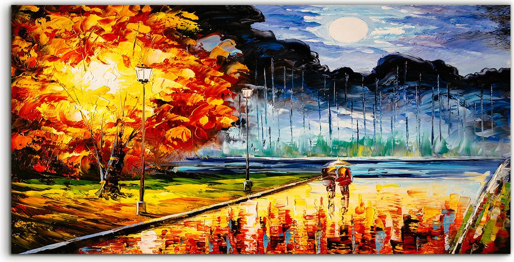 Coloray Acrylbild 140x70 Wandbild Acrylbilder Bäume Straße Paar Regenschirm Nacht