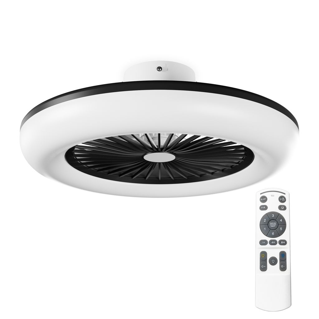 A white ceiling fan with a black trim and fan blades, shown from a slightly angled top-down view. A remote control is positioned to the right of the fan.