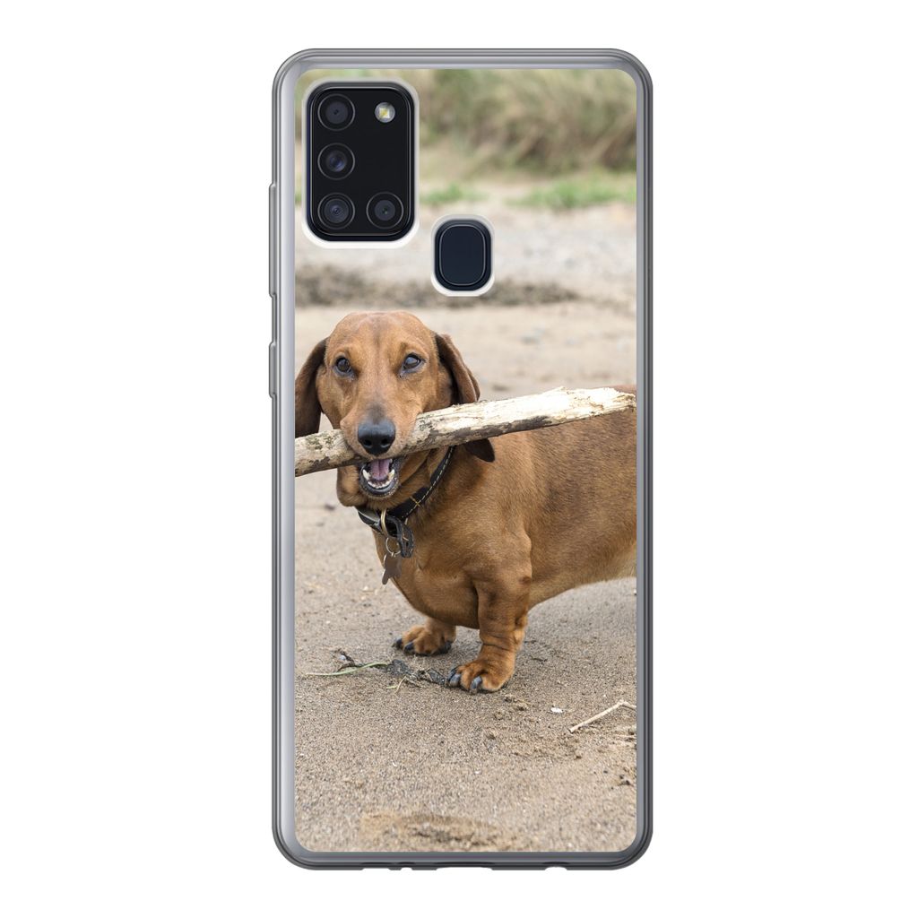 MuchoWow Handyhülle Schutzhülle Hülle für Samsung Galaxy A21s Ein schöner Dackel mit einem Stock im Maul Silikon Softcase Handy Hülle - Har...