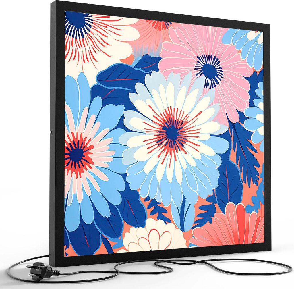 DEQORI LED-Bild & Lampe 60x60 cm Schwarz 'Retroblumenmeer' Leuchtbild LED Leuchte