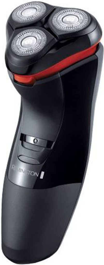 A black electric shaver with red accents is shown against a white background.
