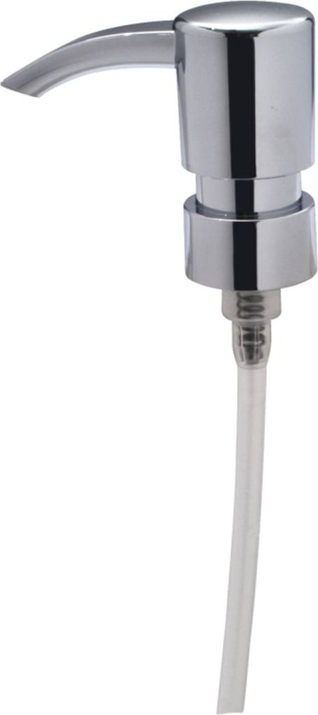 A chrome-finished soap dispenser pump with a clear plastic tube.