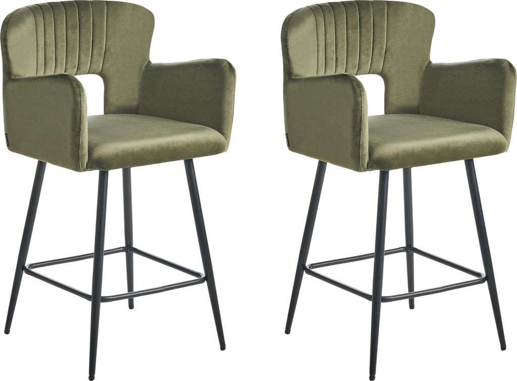 BELIANI Barstuhl Olivgrün Samtbezug Gesteppt mit Rückenlehne Armlehnen Fußstütze Modern Glamourös Wohnzimmer Esszimmer Küche Thekenstuhl Barh...