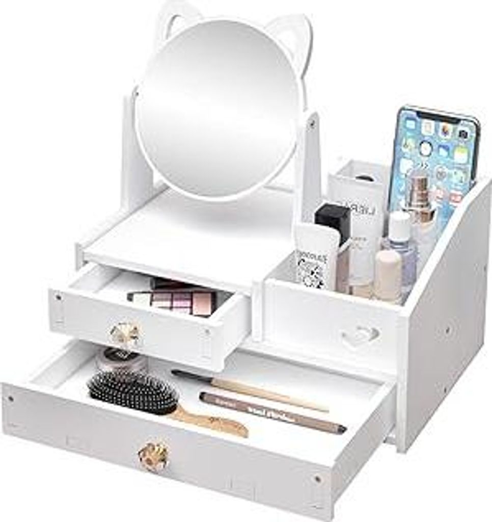 SAVOSWEET Cosmetic Organizer Weiß,Schminktisch Organizer mit Spiegel,White Desktop Kosmetik Organizer,Make up Organizer mit Schublade für Kommode...