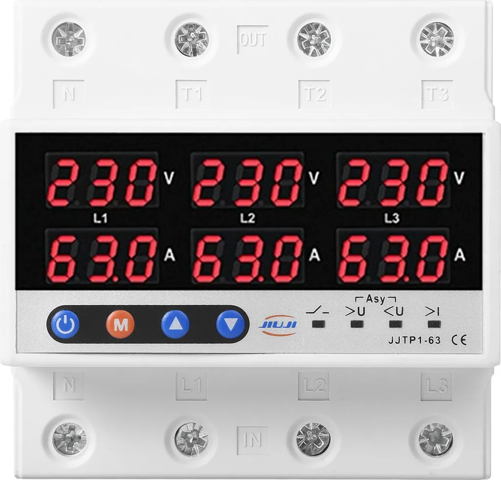 Relais de Protection 63A Triphasé Rail DIN : Voltmètre et Ampèremètre AC
