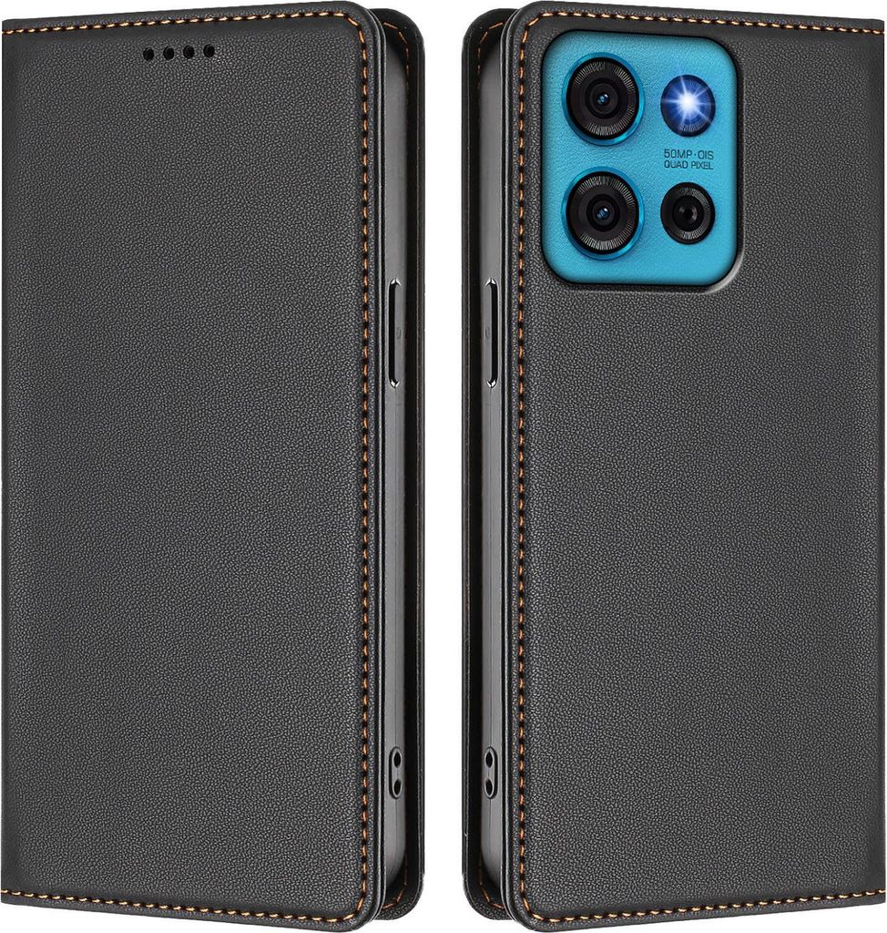 Handyhülle für Motorola Moto G75 5G, Kunstleder Klapphülle Stoßfeste Magnetische Hülle mit Ständer Schwarz