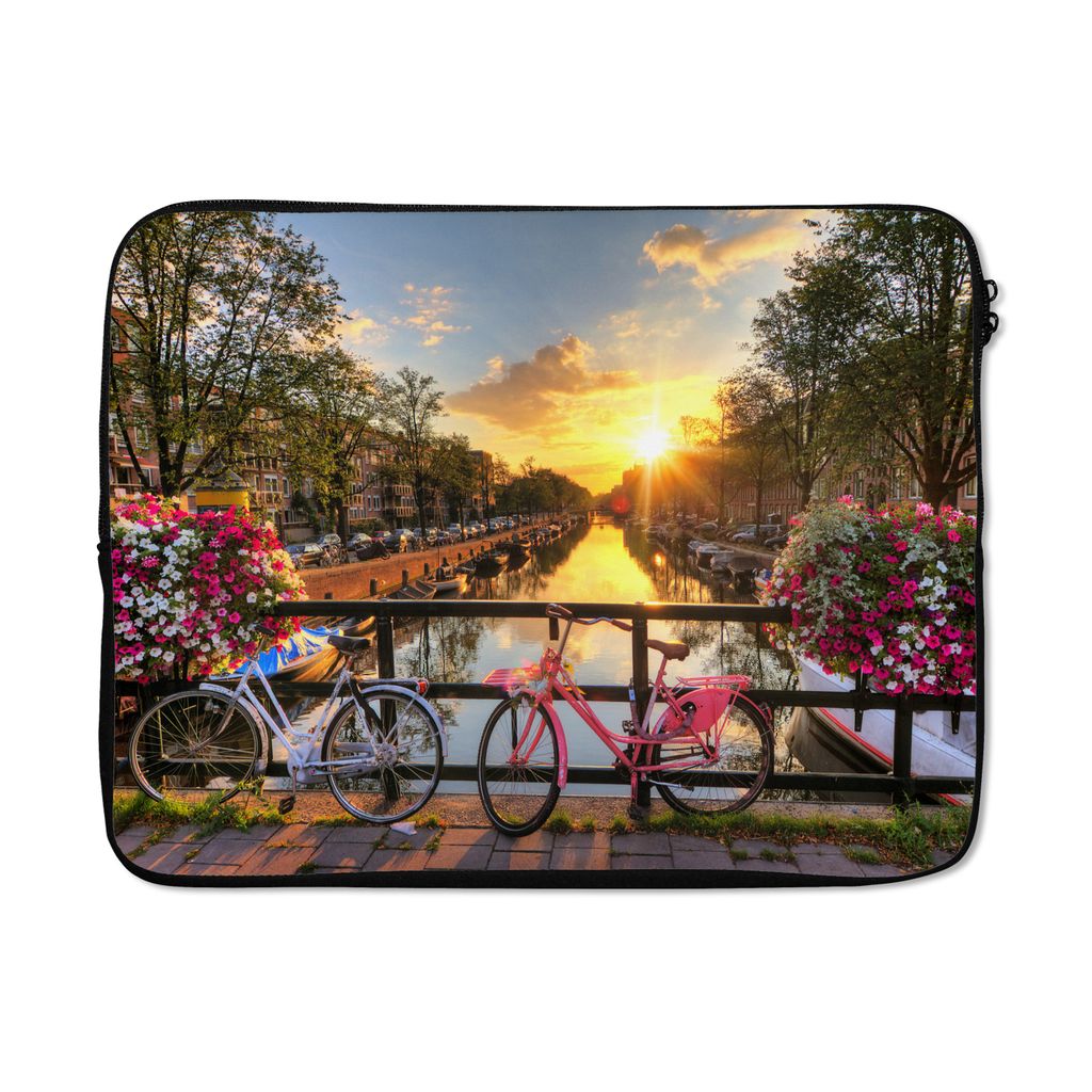 MuchoWow Laptop Hülle 15 Zoll Amsterdam - Blumen - Brücke - Fahrrad - Sonnenuntergang Laptoptasche - Laptoptasche - Sleeve - Rundum-Schutz