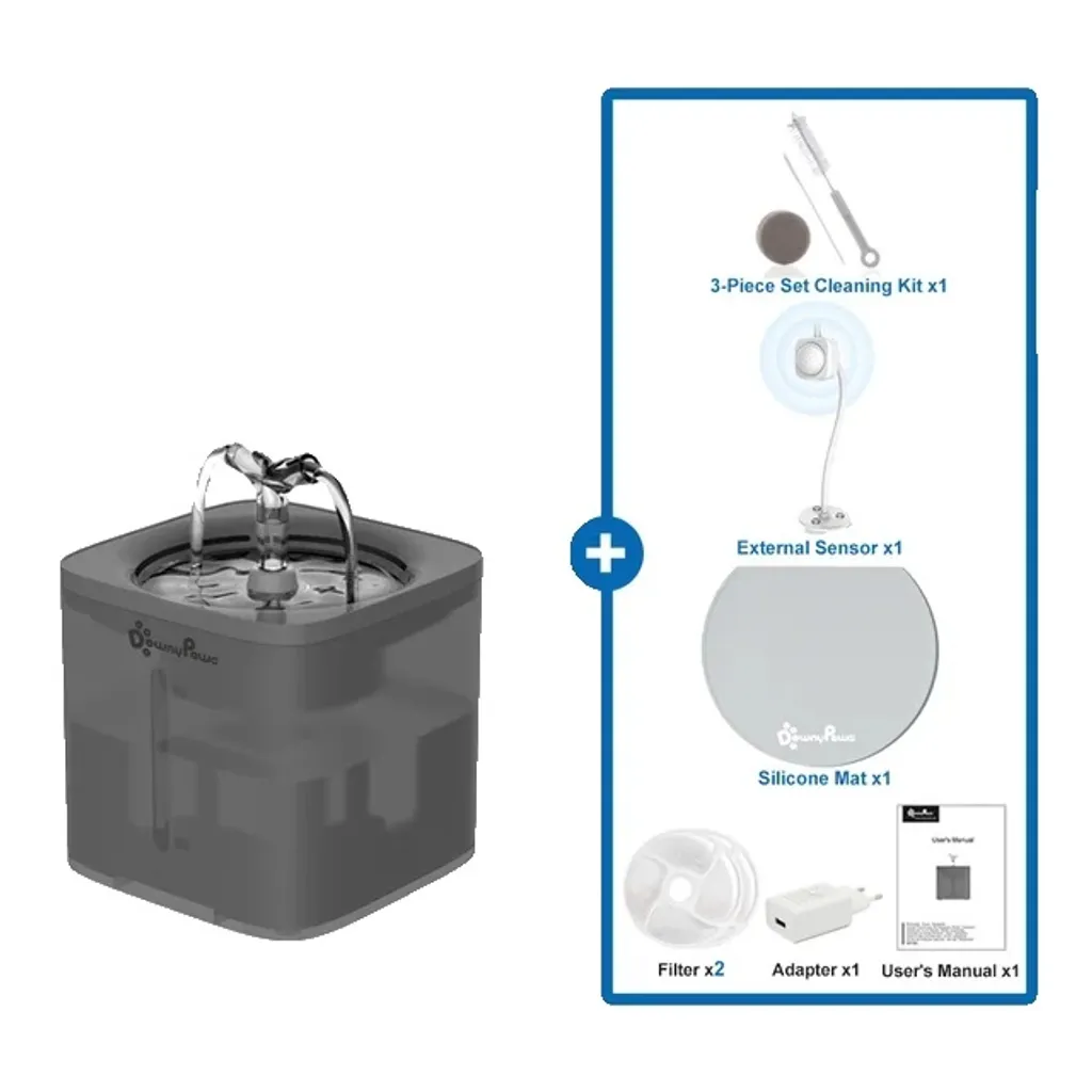 Fontanella Automatica 2L Grigio C - Filtro Acqua e Alimentatore Incluso