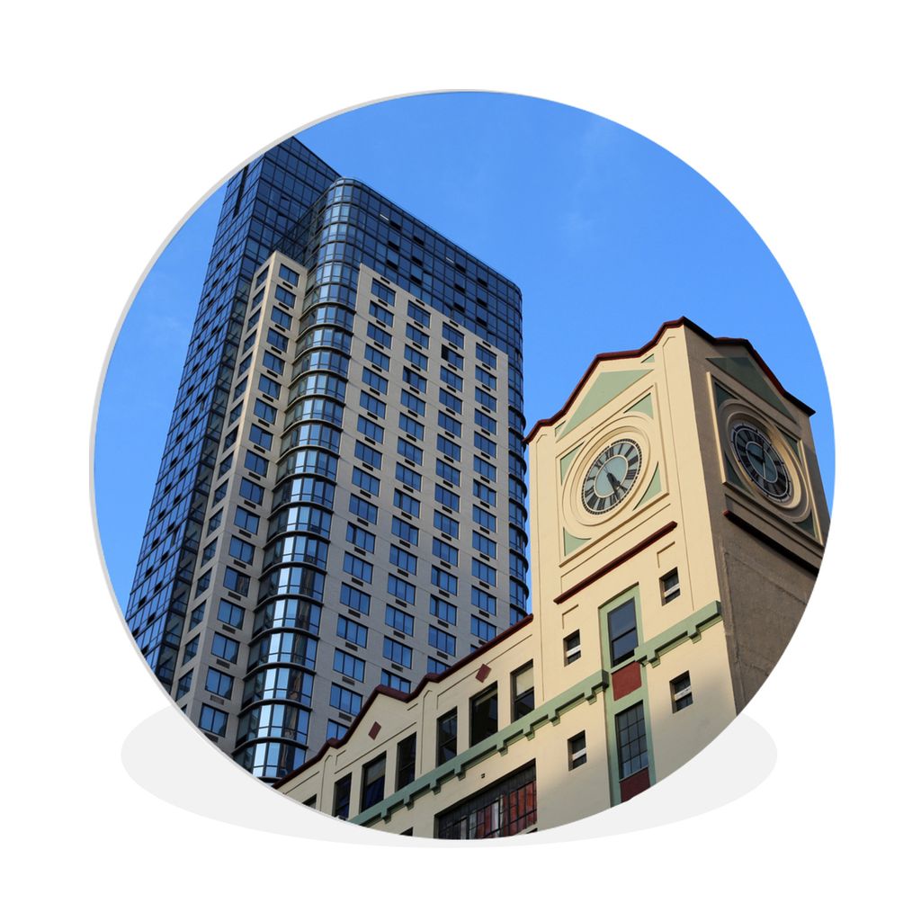 MuchoWow Rundes Wandbild - Runde Bilder Alter Uhrenturm neben einem modernen Gebäude in New York Ø 90 cm Kreis Wanddekoration Kunststoff - Wand...