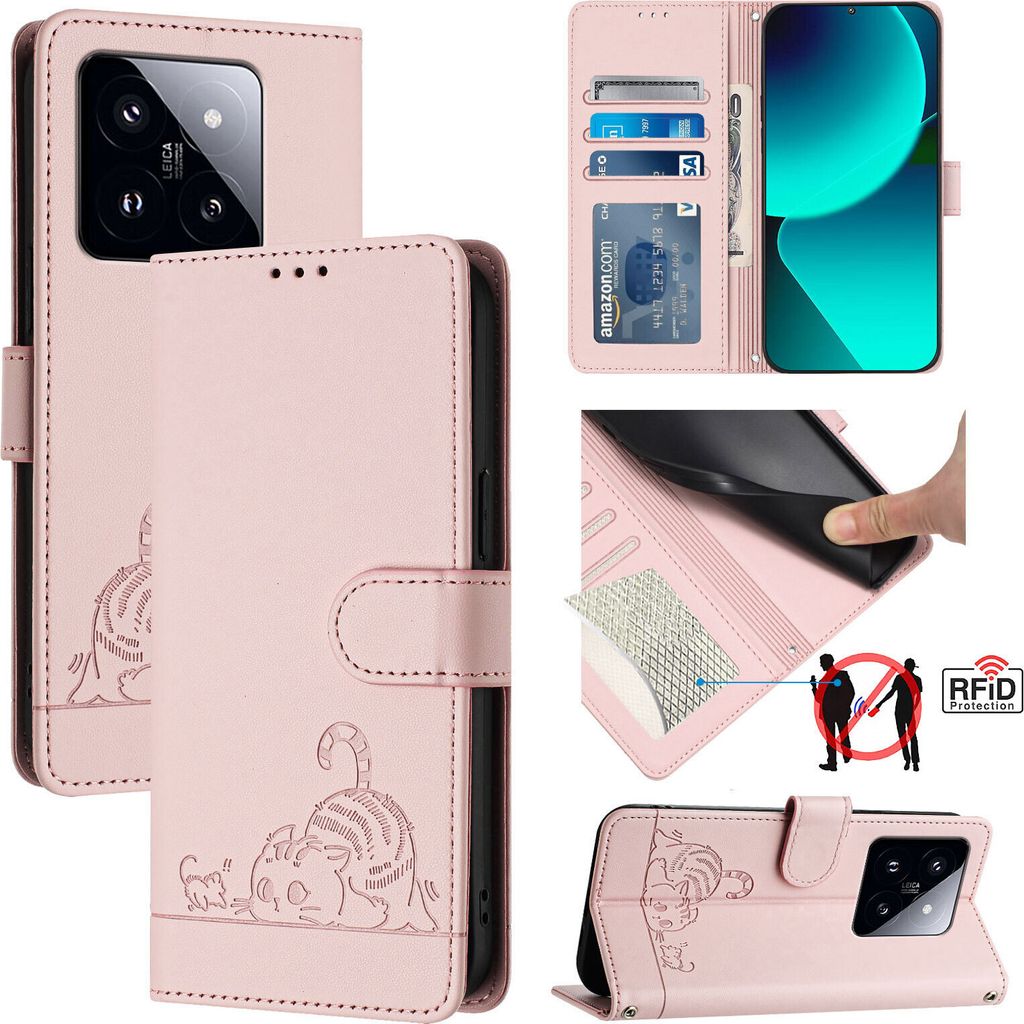 Leder Hülle für Xiaomi 14 Pro Süße Katze Flip Case Brieftasche Schutzhülle mit Standfunktion Pink