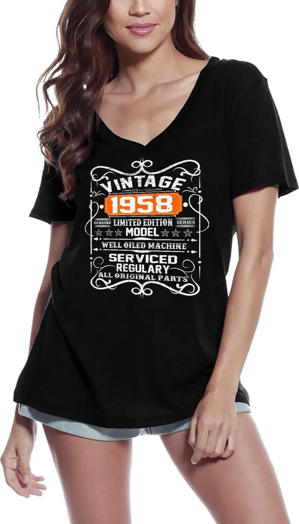 Damen Grafik T-Shirt V-Ausschnitt Jahrgang 1958 gut geölte Maschine – Vintage 1958 Well Oiled Machine – Geschenk 66. Geburtstag Jahrestag 66 J...