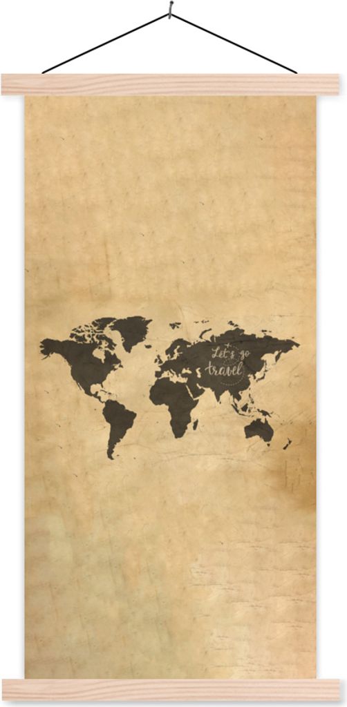 MuchoWow Textilposter Weltkarte - Schwarz - Sprichwörter 40x80 cm mit holzfarbenen Rahmen - Wohnzimmer