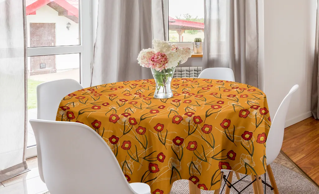 ABAKUHAUS Tovaglia rotonda botanica, contorni di peonie, tovaglia circolare per sala da pranzo, decorazione per cucina, 150 cm, arancione vermiglio