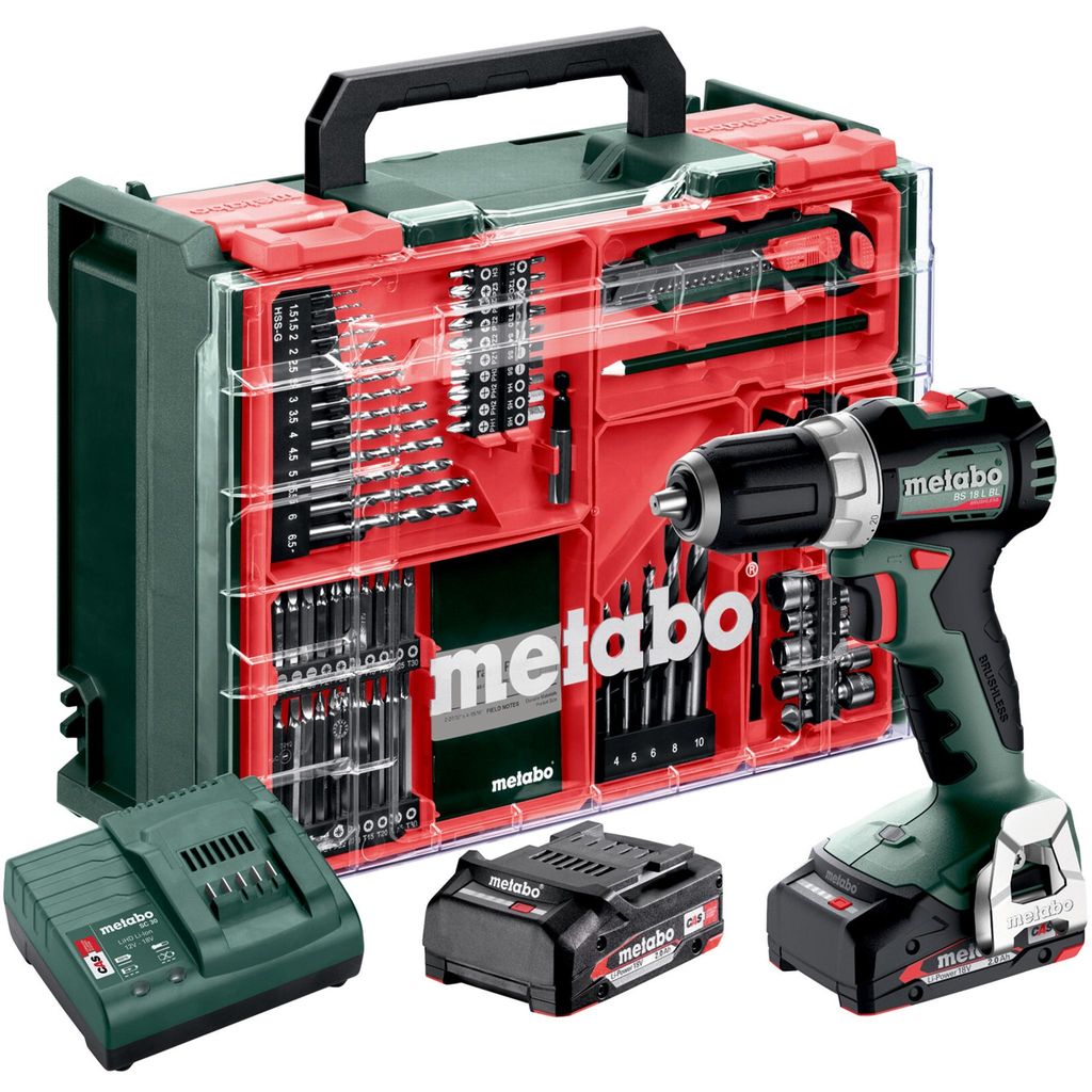Metabo Akku-Bohrschrauber BS 18 L BL Set, incl. 2x Akku Li-Power 2 Ah, Ladegerät, Zubehör-Set, Kunststoffkoffer