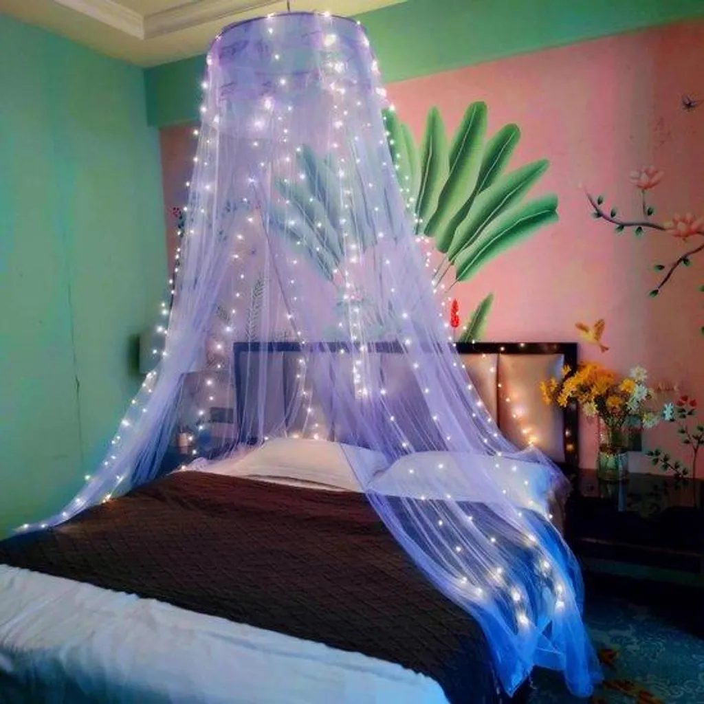 Voilage de lit princesse bleu 250cm avec luminaire pour chambre enfant