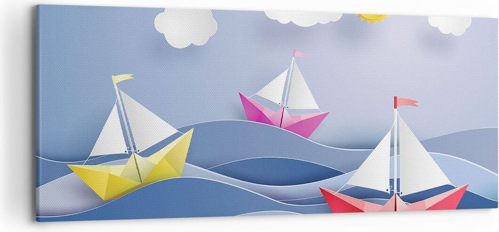 Bild auf Leinwand - Leinwandbild - Origami boot meer himmel - 120x50cm - Wand Bild - Wanddeko - Leinwanddruck - Bilder - Kunstdruck - Wanddekoratio...