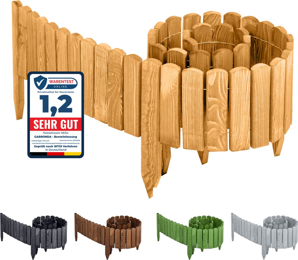 Garronda Beeteinfassung Holz Rollzaun Gartenzaun imprägniert Flexibler Rollborder Rasenkante Palisade Umzäunung für Garten Länge: 200 cm GD-004...