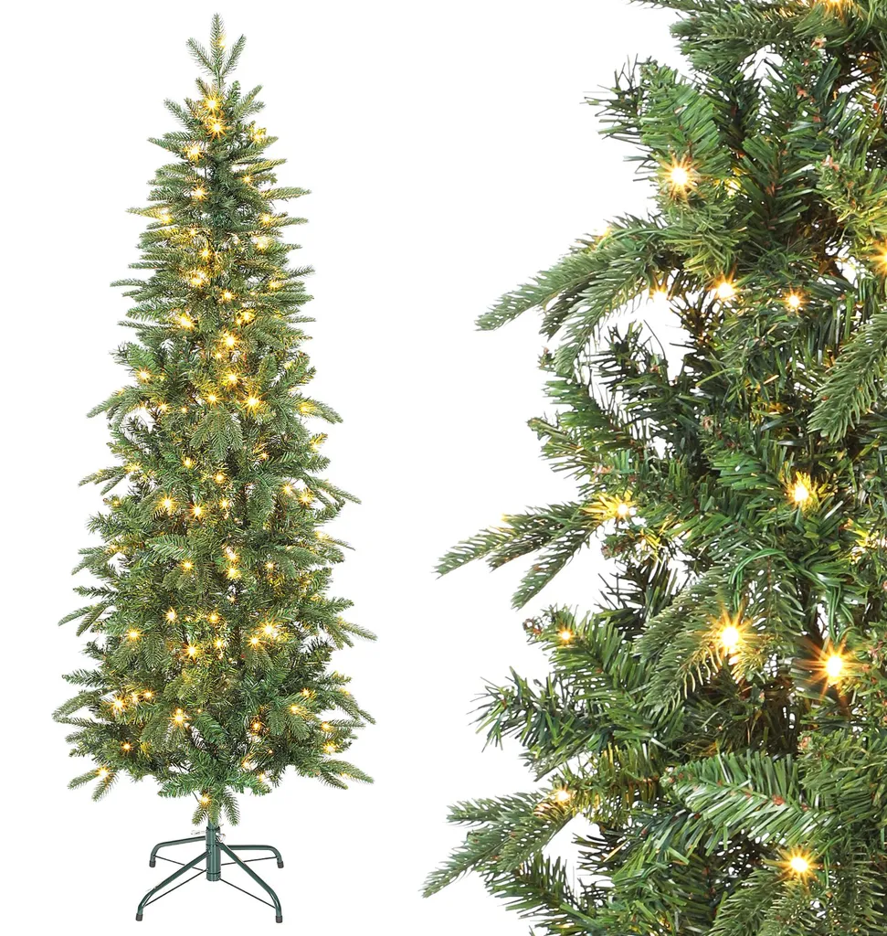 Sapin de Noël artificiel 180 cm slim avec 200 LED et 605 branches vert