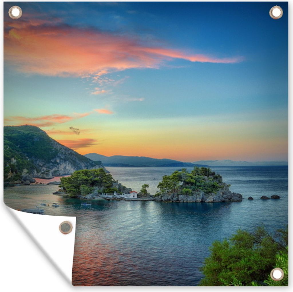 MuchoWow 50x50 cm Outdoor-Poster Gartendeko Sichtschutz Garten Poster für den Garten Sonnenaufgang auf einer Insel in Parga