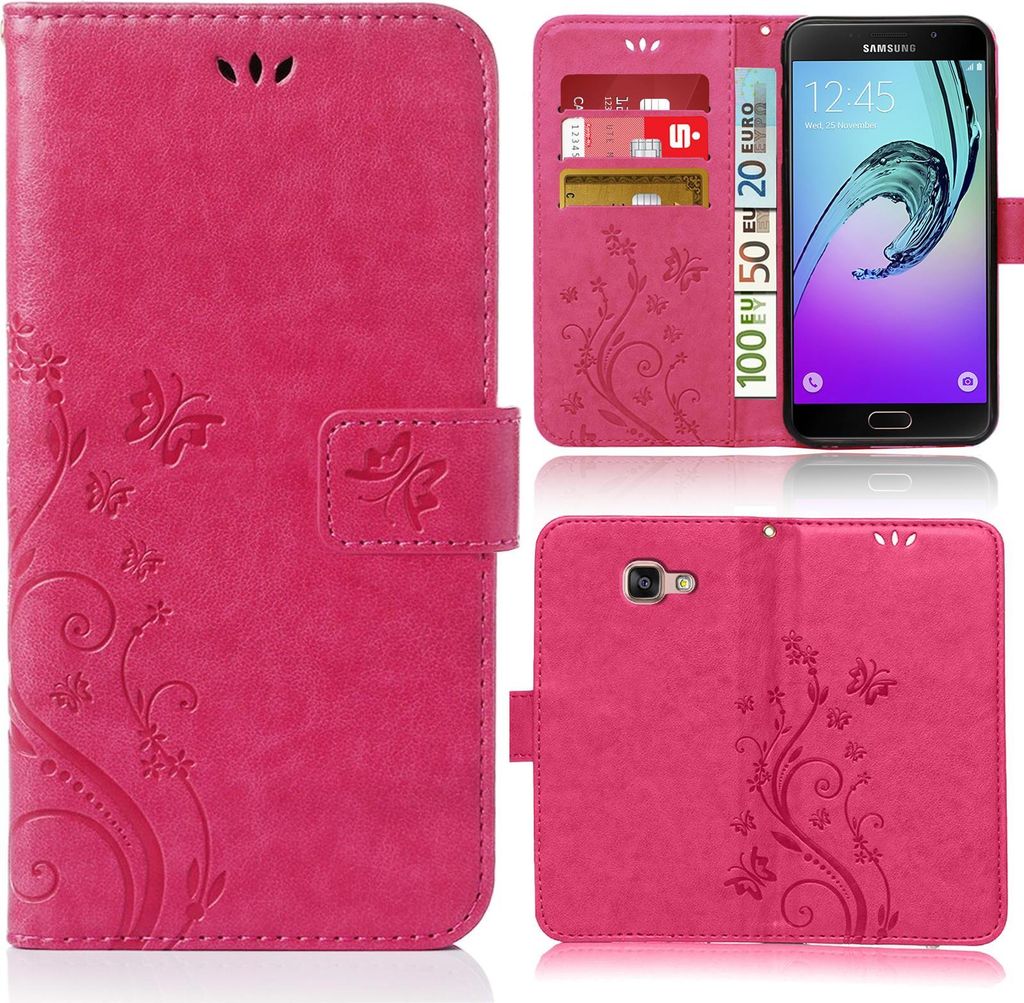 Handy Tasche für Samsung Galaxy A5 2016 Schutz Hülle Handyhülle mit Blumenmuster Klapp Hülle mit Standfunktion und Kartenfächer Farbe: Pink