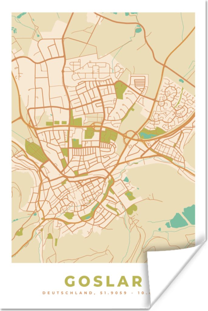 MuchoWow Poster Goslar - Karte - Vintage - Stadtplan 120x180 cm - Kunstposter