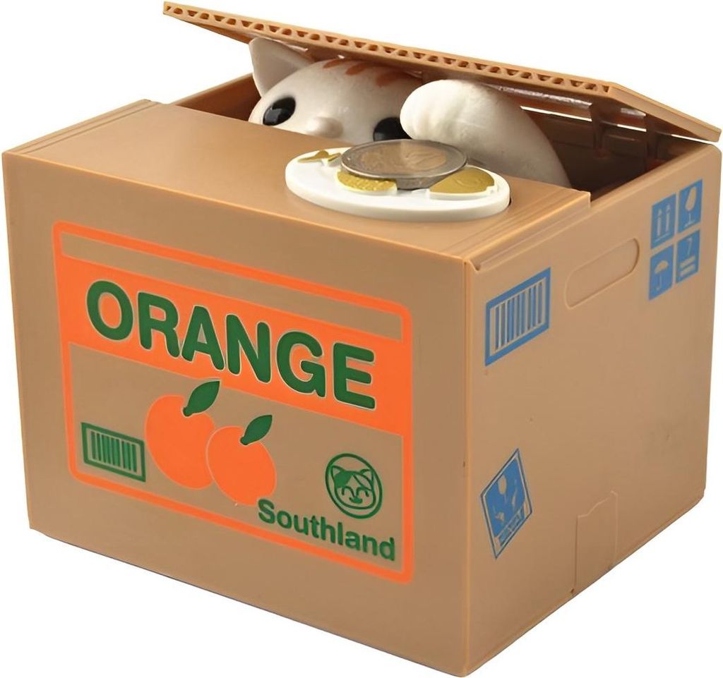 A coin bank shaped like a cardboard box with a cat peeking out.