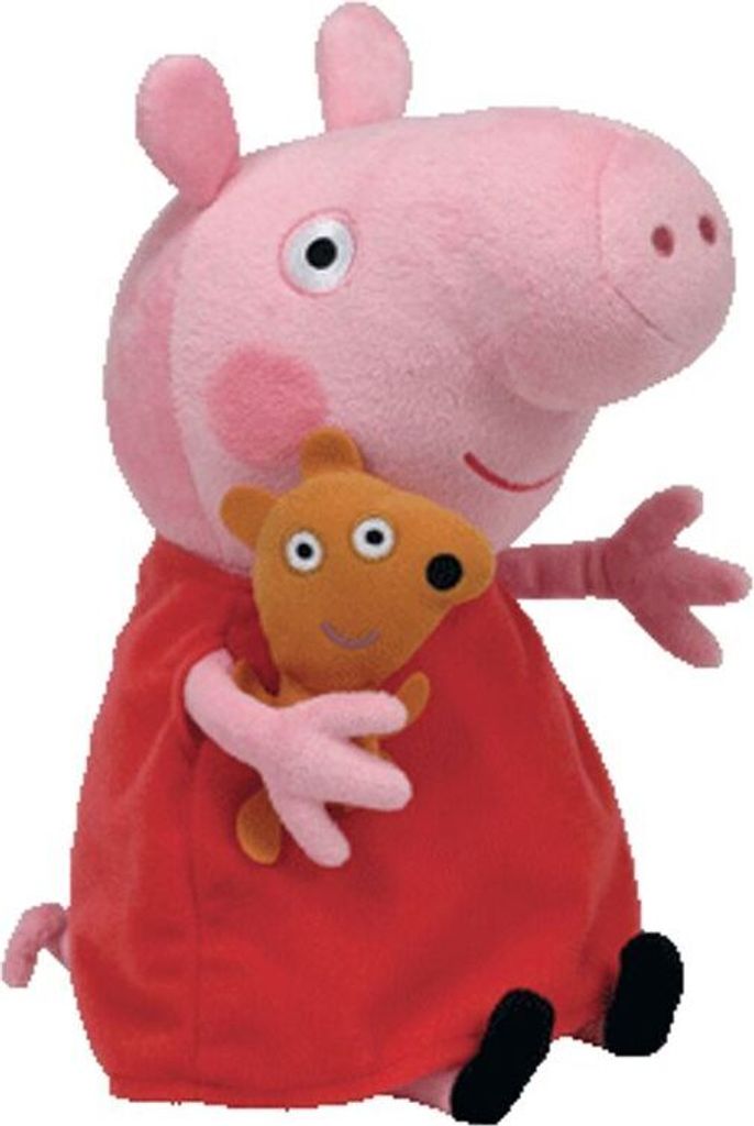 A plush toy of Peppa Pig holding a smaller teddy bear.
