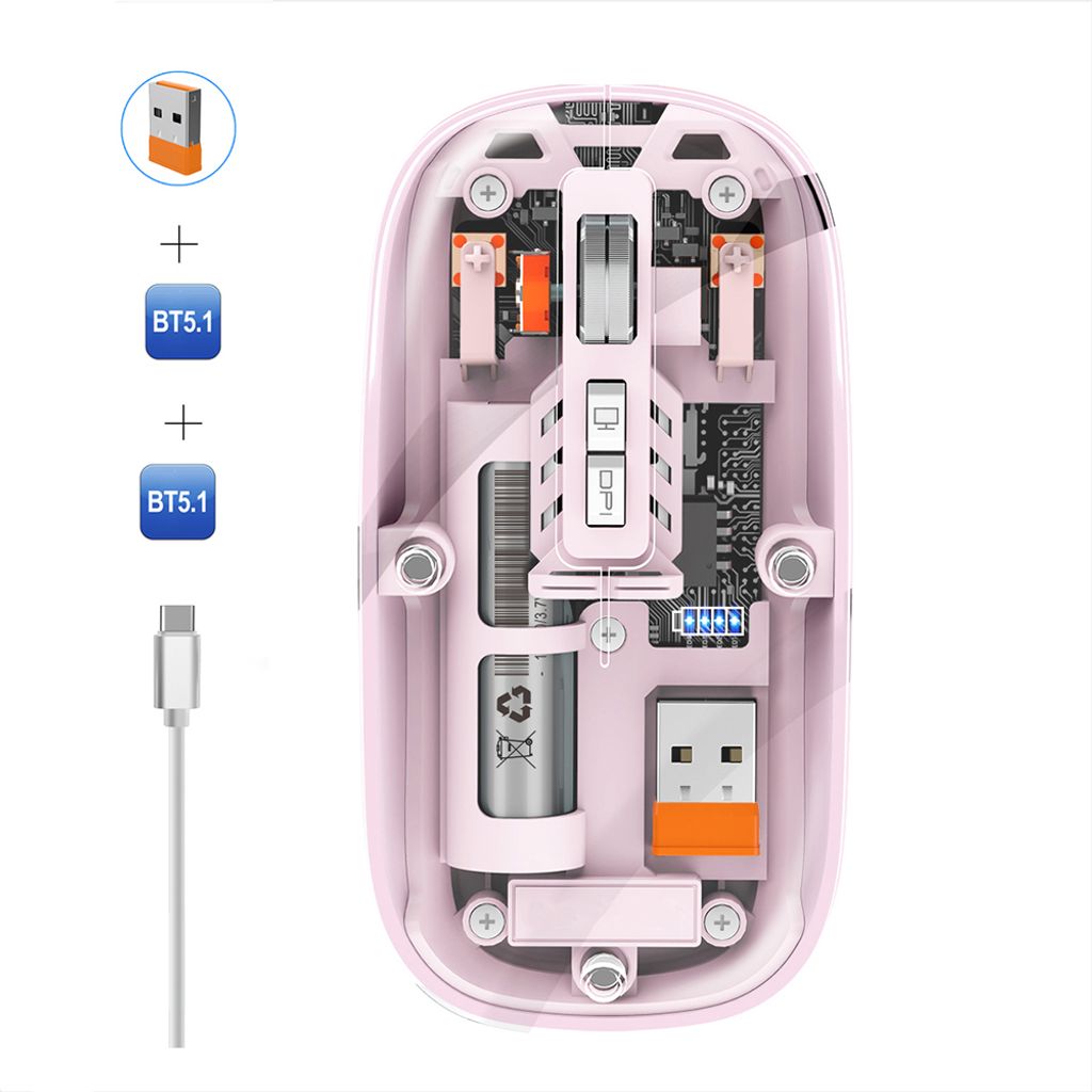 M233 Computermaus, kabellose Maus, transparente Maus, Drei-Modus-Verbindung (2,4 G + BT1 + BT2), 1600 DPI, Typ-C-Aufladung, Rosa