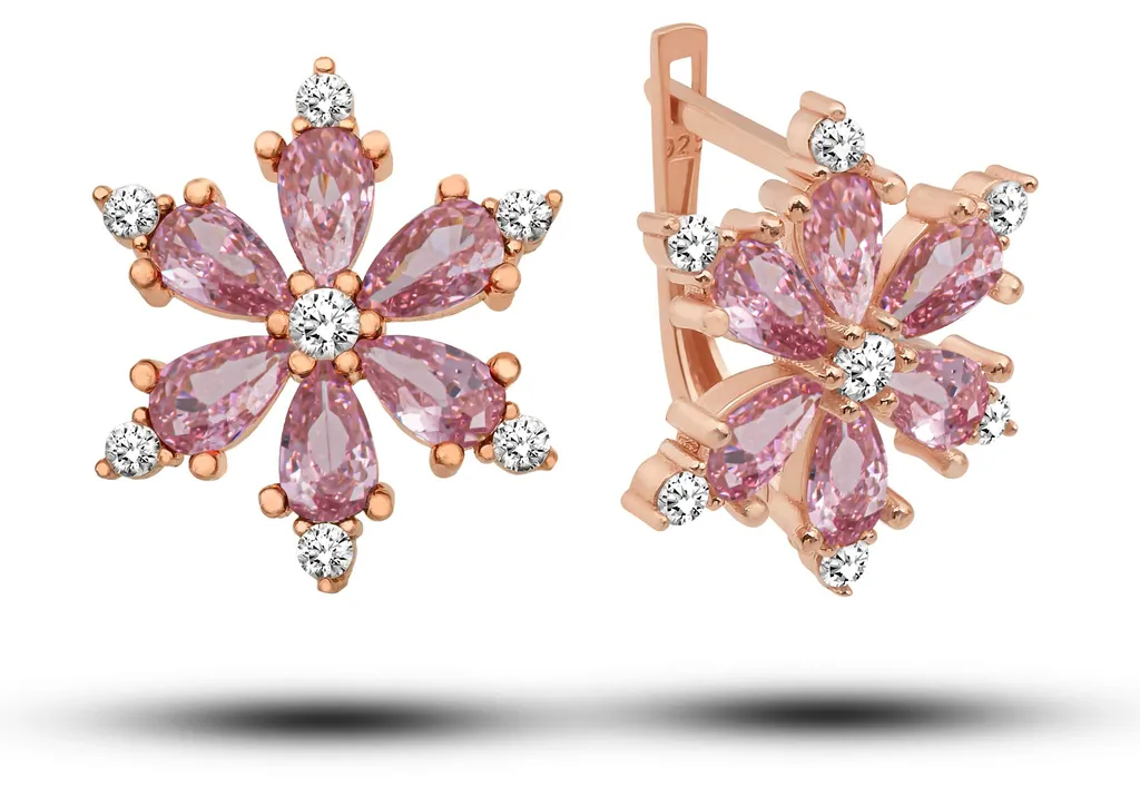 Boucles d'oreilles pendantes en argent rose doré et pierres roses 925