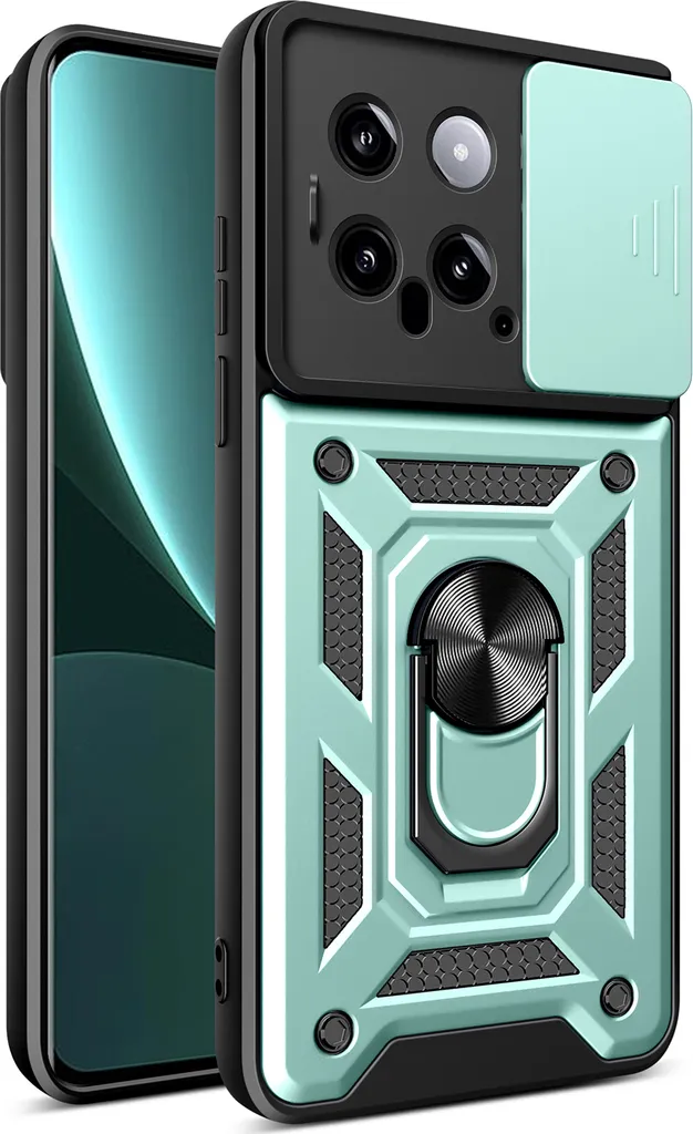 Custodia per Xiaomi 14 Pro, custodia in silicone TPU Bumper con supporto ad anello, protezione fotocamera verde