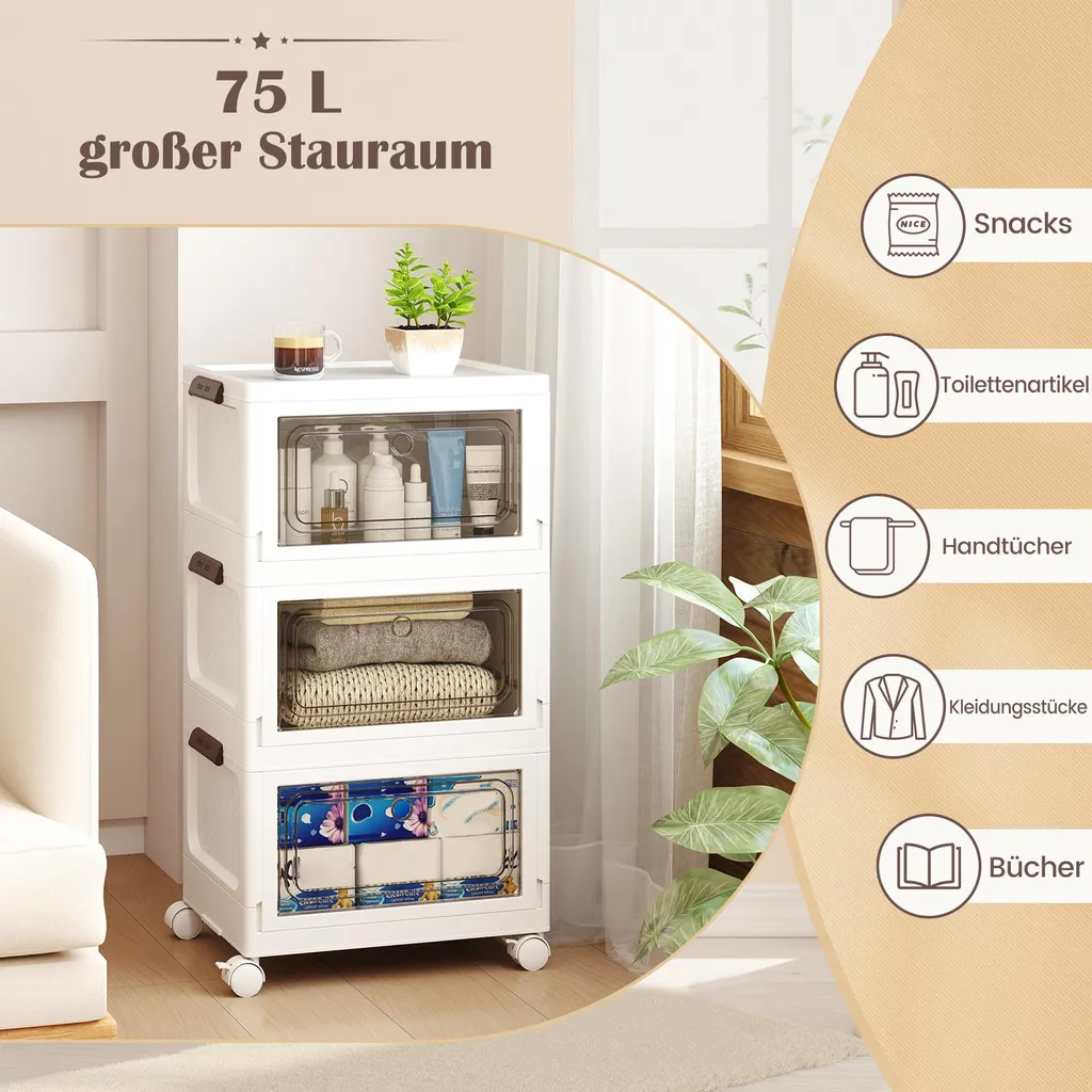 COSTWAY Lot de 3 Boîtes de Rangement 75L avec Couvercle Blanc 41x31cm