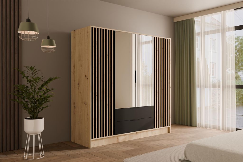 ALTDECOR Kleiderschrank mit Spiegel und selbstschließenden, Lamellentüren, Lamellen, Flügeltüren - NELIA - 200 cm Artisan / Schwarz / Artisan