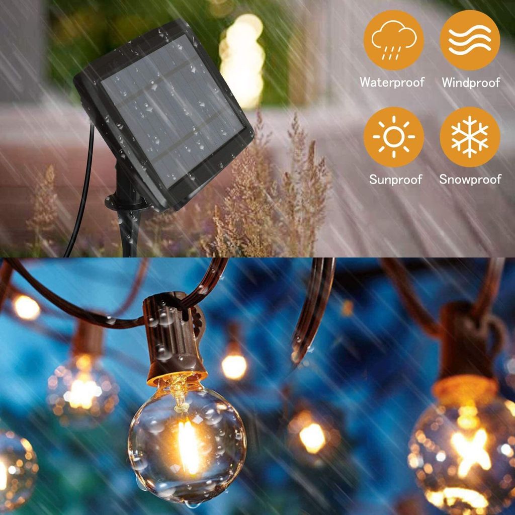 Solar Lichterkette Für Draußen – 12 M, 20 G40-Birnen, 8 Modi, Mit Fernbedienung & Wasserfest