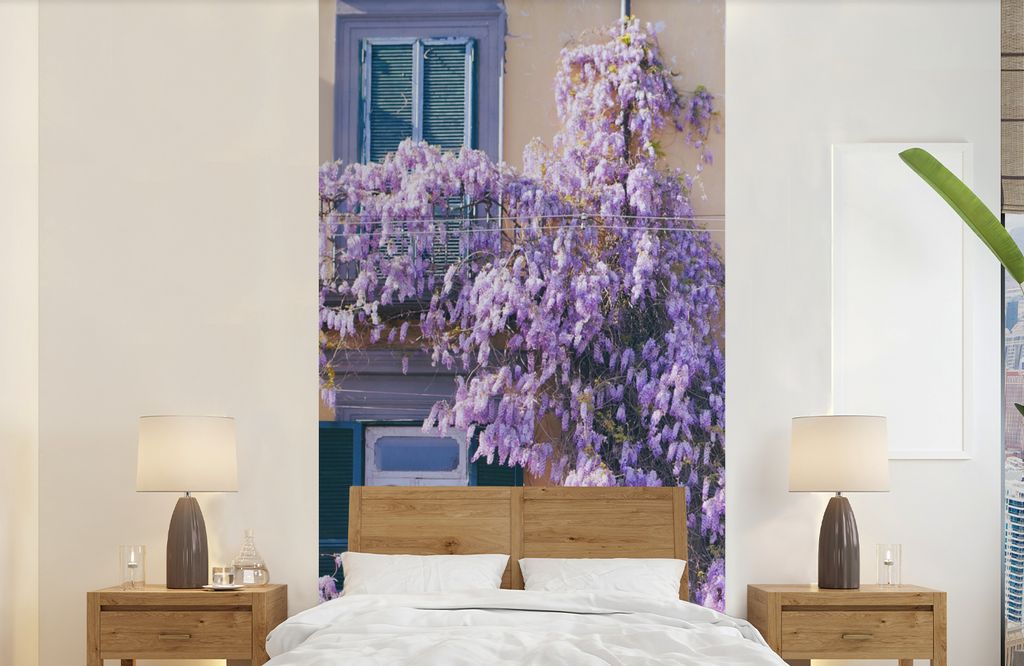 MuchoWow Fototapete für Wohnzimmer oder Schlafzimmer Wandtapete Vinyl Motivtapete Blauer Regen voller Blumen - 120x240 cm - Hintergrundbild