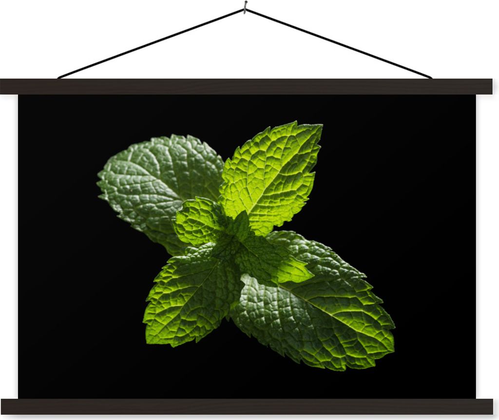 MuchoWow Textilposter Eine Nahaufnahme von Minzblättern vor einem schwarzen Hintergrund 90x60 cm mit schwarzem Rahmen - Aufhängungssatz