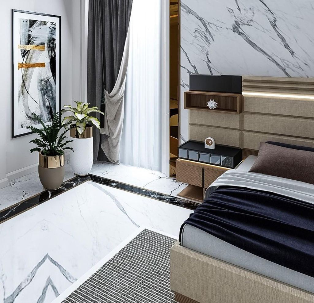 Elegantes Schlafzimmer-Set in Beige mit LED und Design-Nachttischen