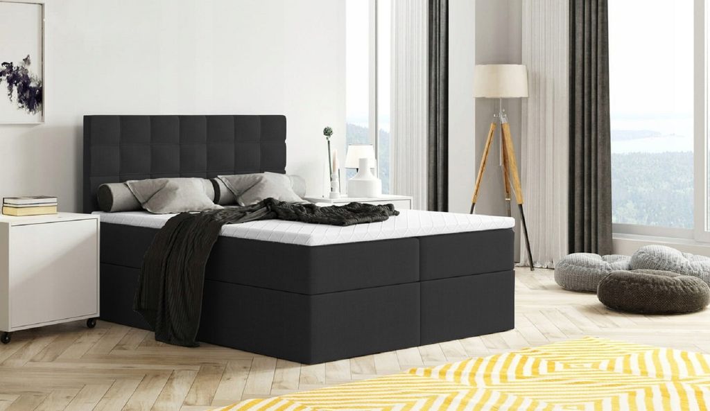 Bett, Boxspringbett MERA mit Bettkästen und VISCO Topper, Doppelbett, Stauraum, Schlafzimmer, Polsterbett, Bettgestell (200x200, Schwarz - Aura 18)