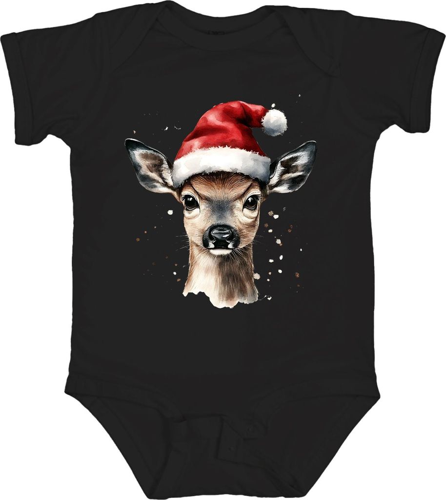 Süßes Rehkitz Santa Hat Weihnachten Geschenk Aquarell Vintage Unisex Baby Body, Schwarz, 18/24