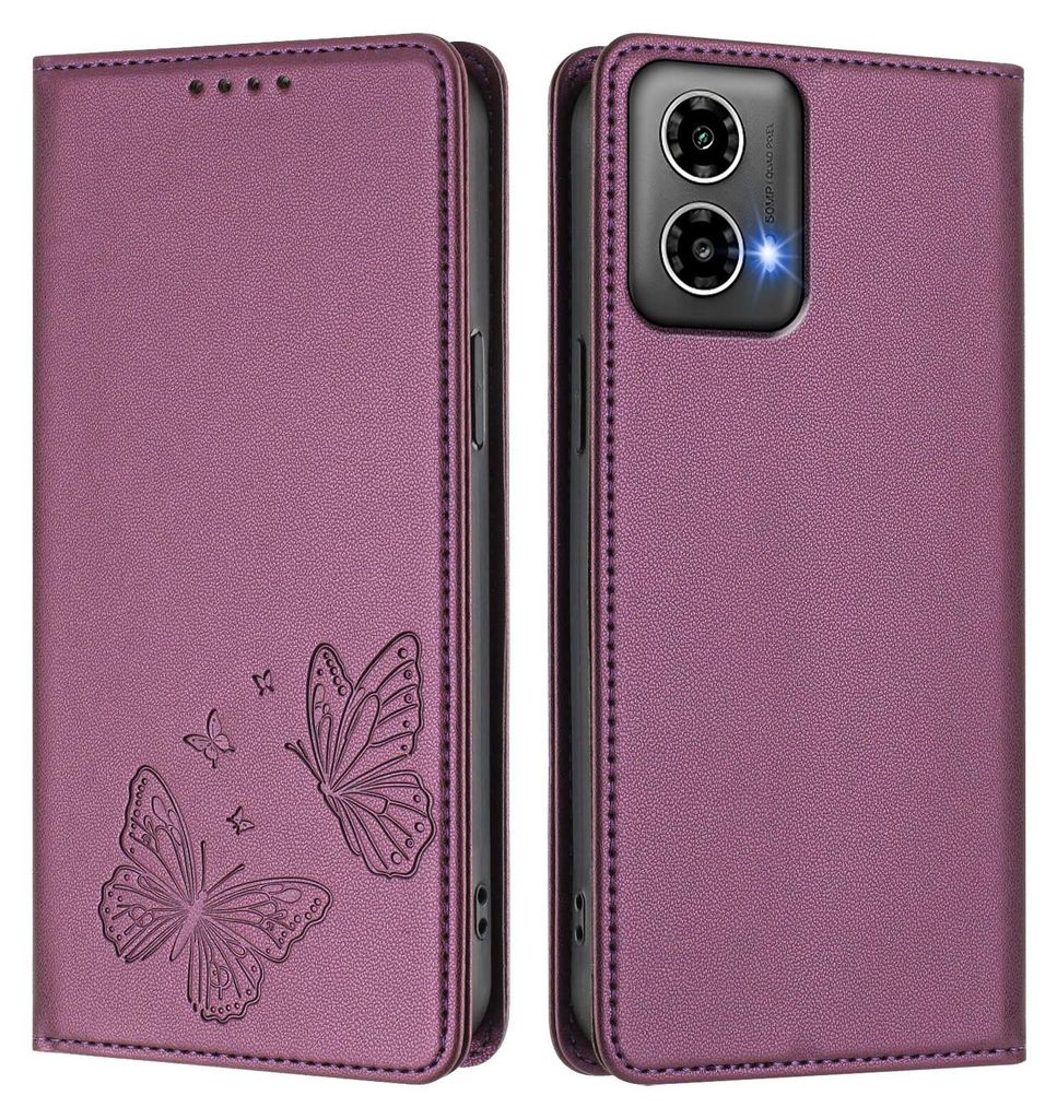 Lederhülle für Motorola Moto G34 / Moto G45, Schmetterling Prägung Leder Brieftasche Schutzhülle mit Ständer Lila