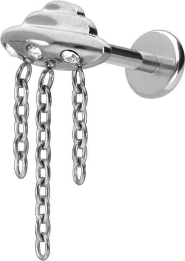 Ohrpiercing, Nasenpiercing Titan Labret mit Push Fit UFO + KETTE + KRISTALLE Silber Stablänge: 8mm | Stabstärke: 1mm