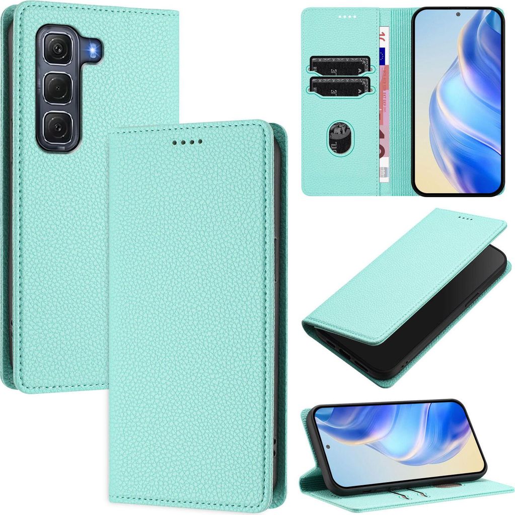 Litchi Leder Handyhülle für Infinix Hot 60 Pro Wallet Kartenfächer Standfunktion Hülle Türkis