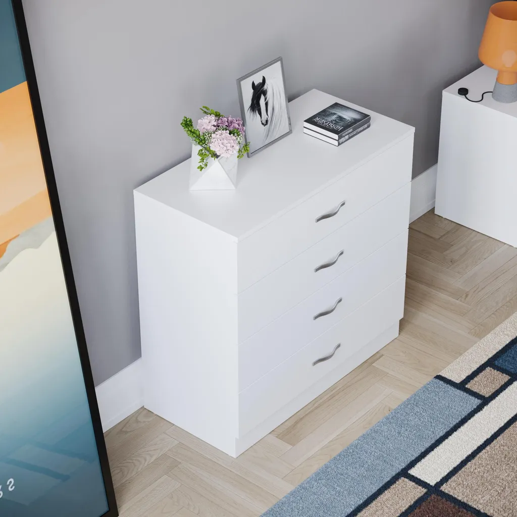 Commode de chambre blanche à 4 tiroirs Riano - Mobilier bois et métal