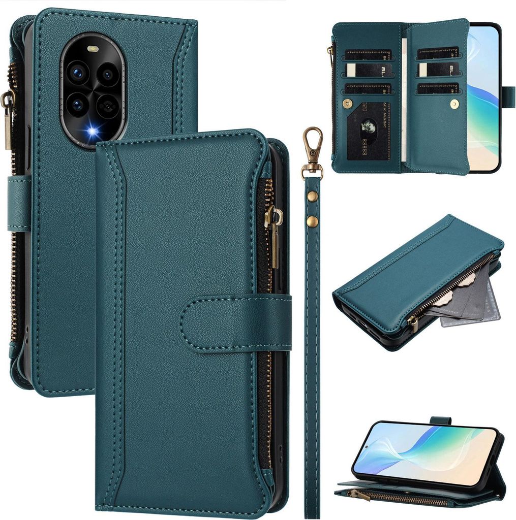 Handyhülle für Huawei Nova 13 Pro Reißverschluss Geldbörse Kunstleder Klapphülle mit Kartensteckplatz, Ständer, Handschlaufe Grün