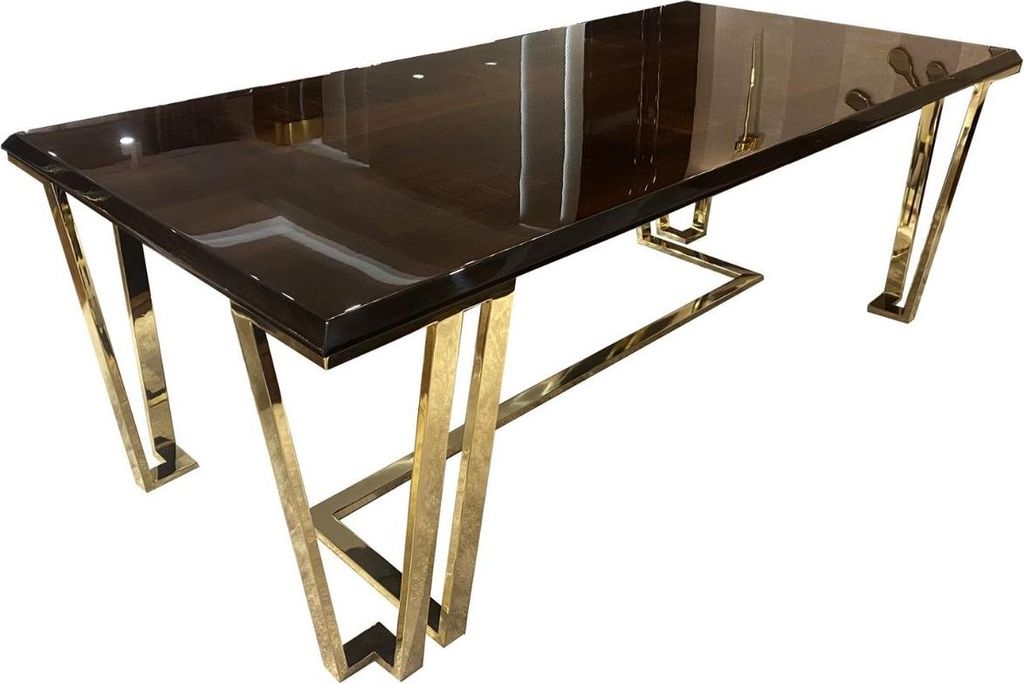 Casa Padrino Luxus Art Deco Esstisch Dunkelbraun / Gold 220 x 110 x H. 77 cm - Edler Esszimmertisch mit Glasplatte - Art Deco Esszimmer Möbel