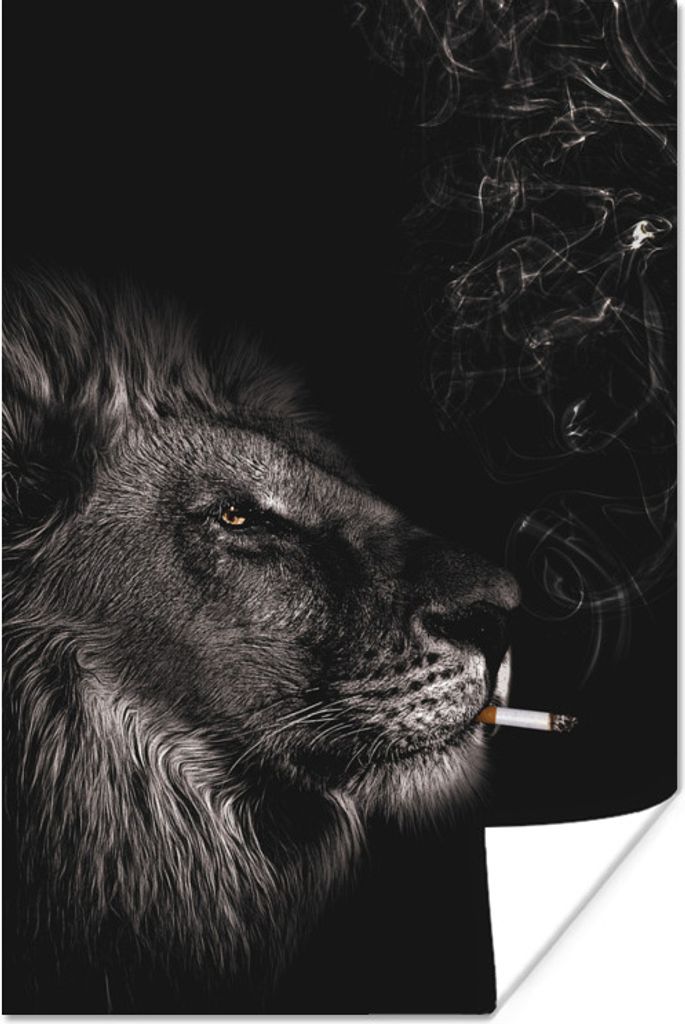 MuchoWow Poster Löwe - Zigarette - Schwarz - Weiß 60x90 cm - Wanddekoration