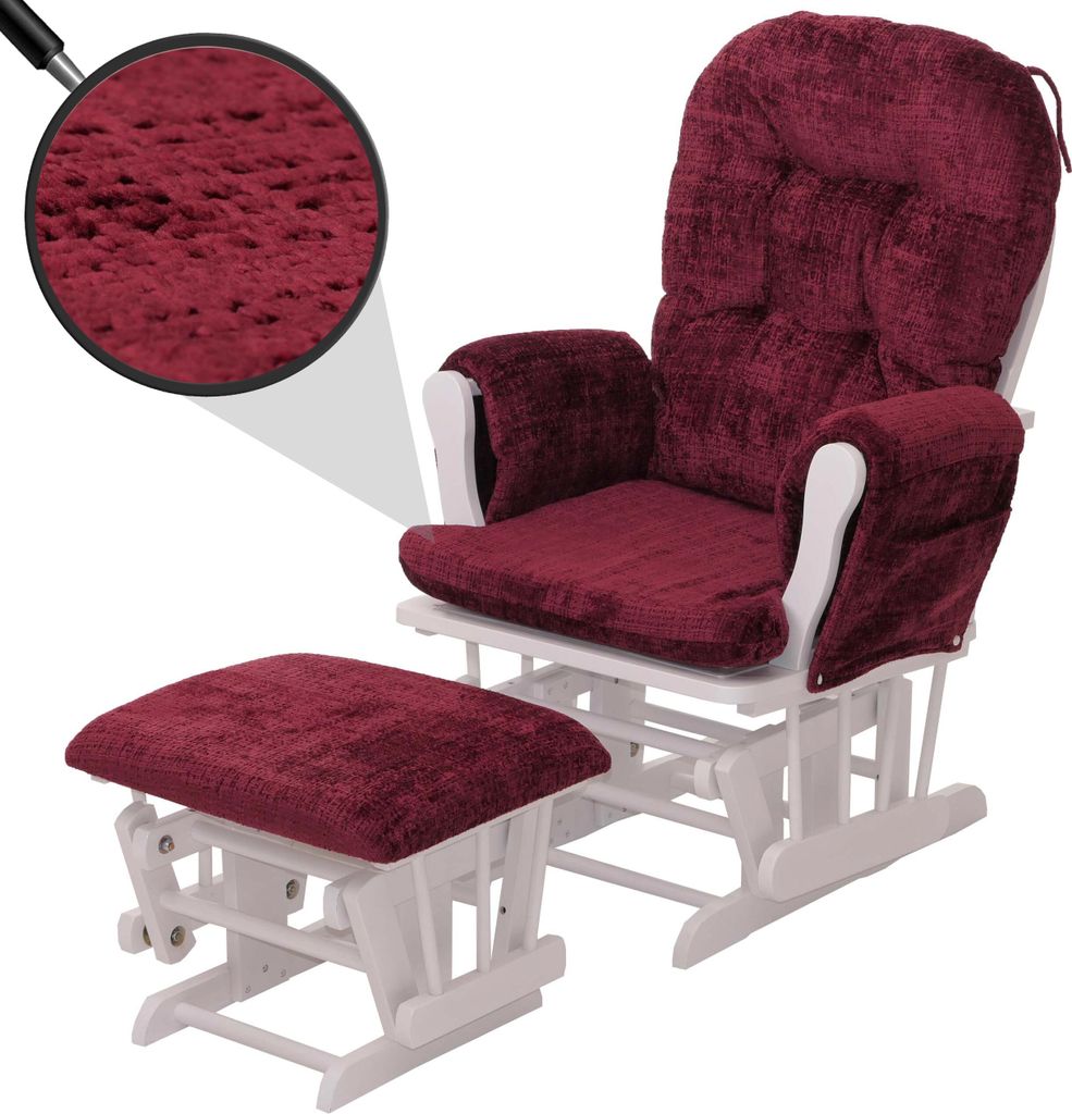 Relaxsessel MCW-C76, Schaukelstuhl Schwingstuhl mit Hocker Stoff Chenille (465g/m²) bordeaux, Gestell weiß
